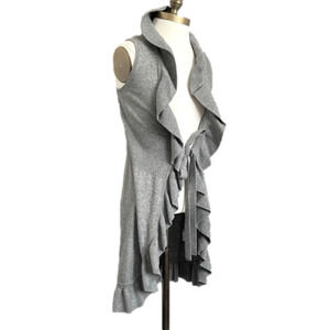 Gray Wool Blend Duster Knee Length Long Ruffle Tie Vest - S/M